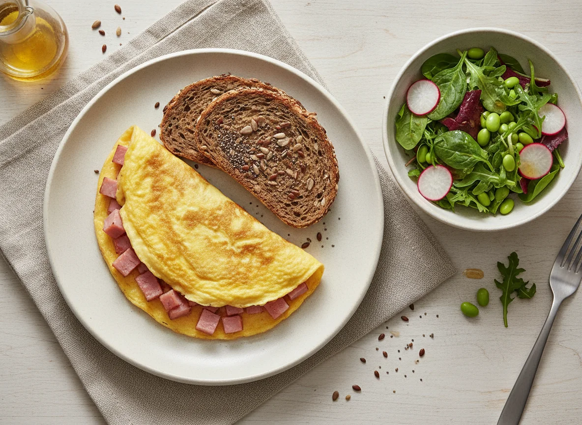 Omelette with ham, whole grain bread and fresh salad photo