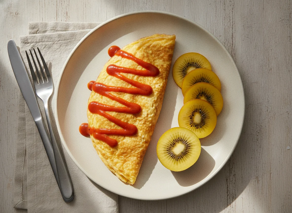 Omelette with hot sauce and golden kiwi photo