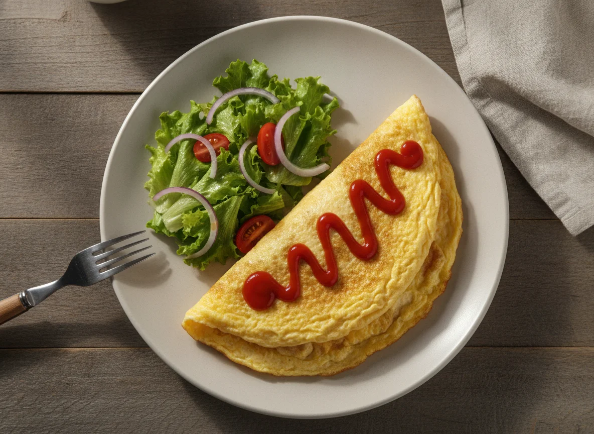 Omelette with Ketchup and Salad photo