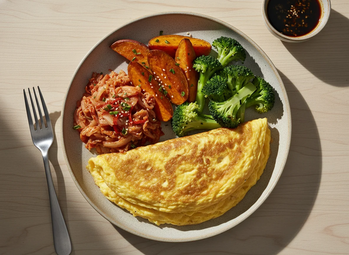 Omelette with Kimchi, Roasted Sweet Potato, and Broccoli photo