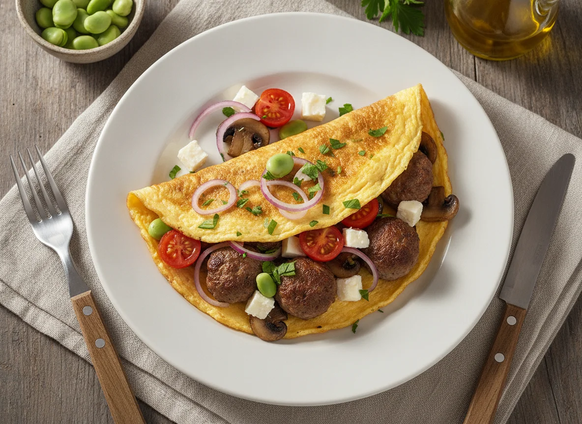 Omelette with meatballs, mushrooms, and cheese photo