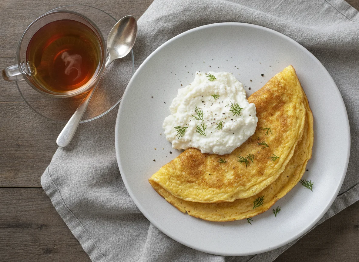 Omelette with milk curd and tea photo