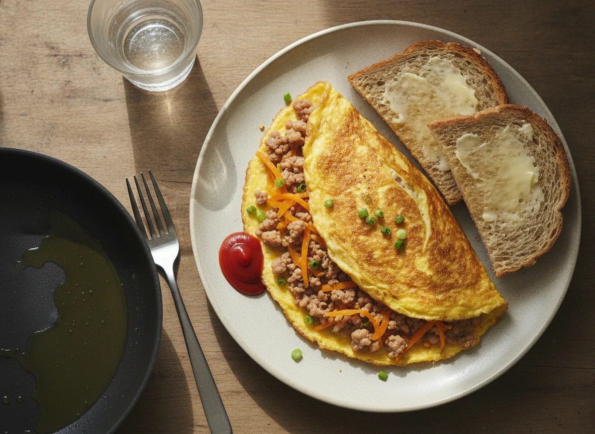 Omelette with Minced Pork, Pumpkin and Buttered Toast photo