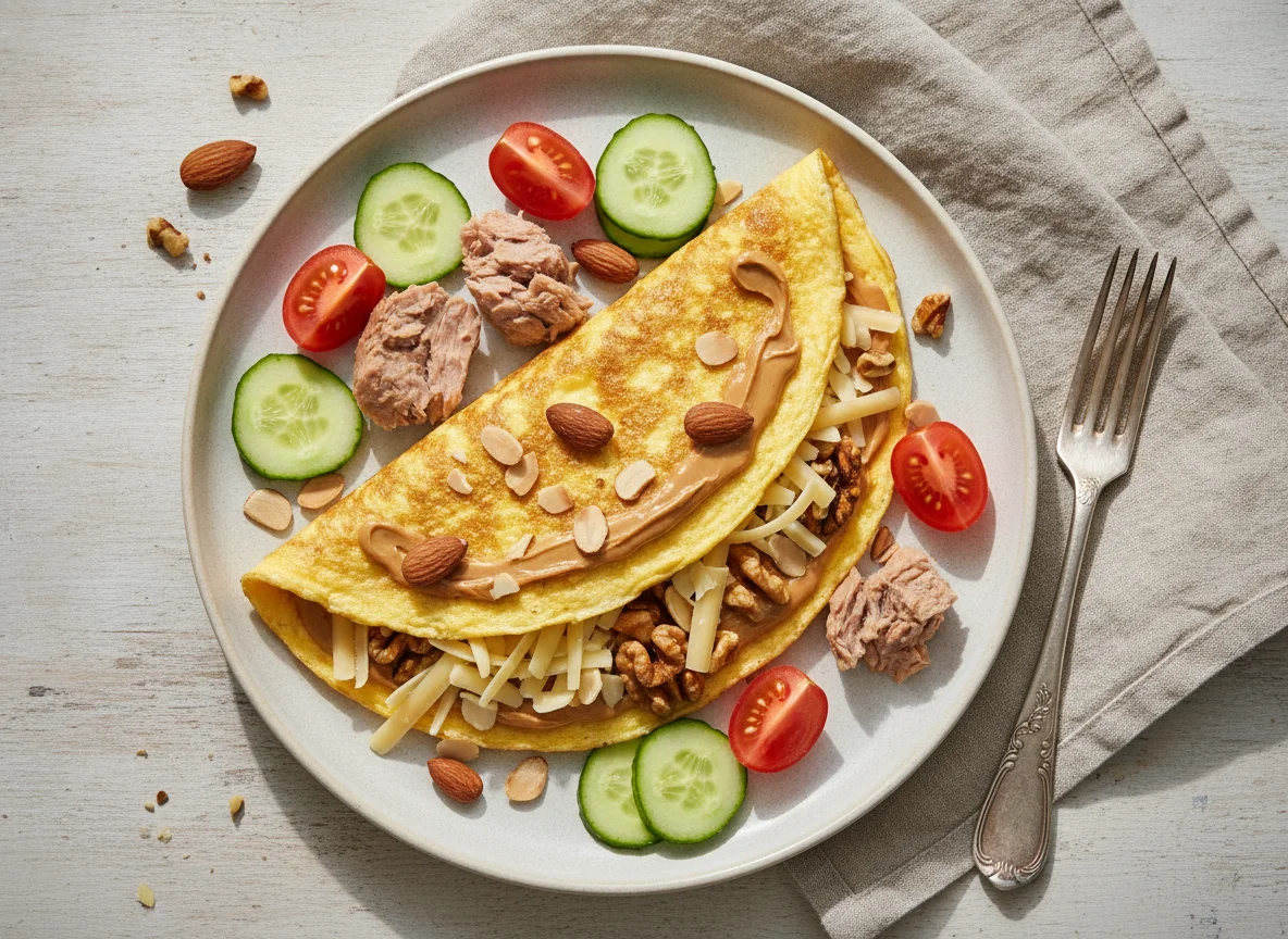 Omelette with nuts, vegetables and cheese photo