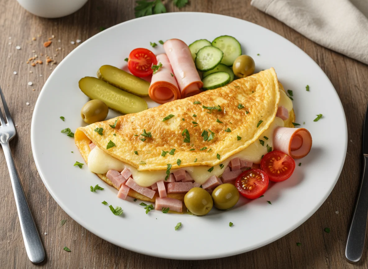 Omelette with olives, pickles, and cherry tomatoes photo