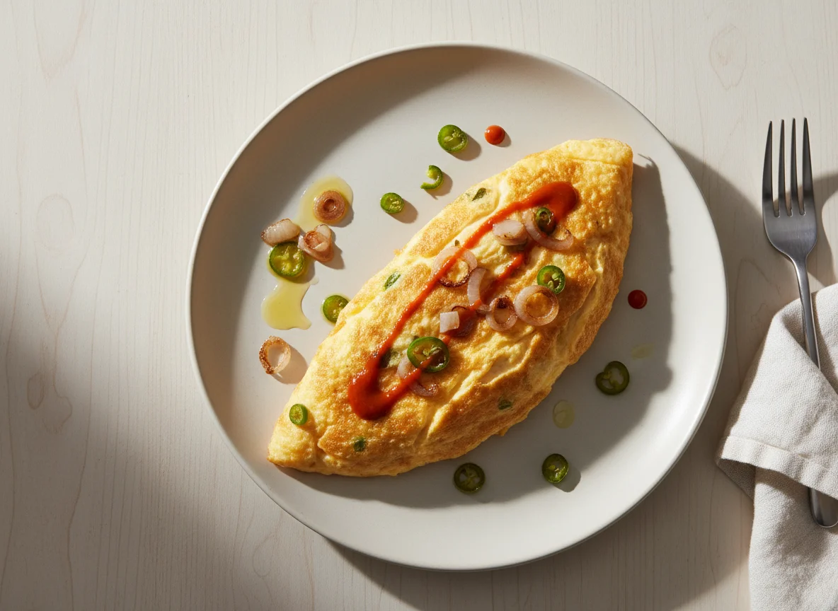Omelette with Onion, Green Chilli, and Tabasco photo