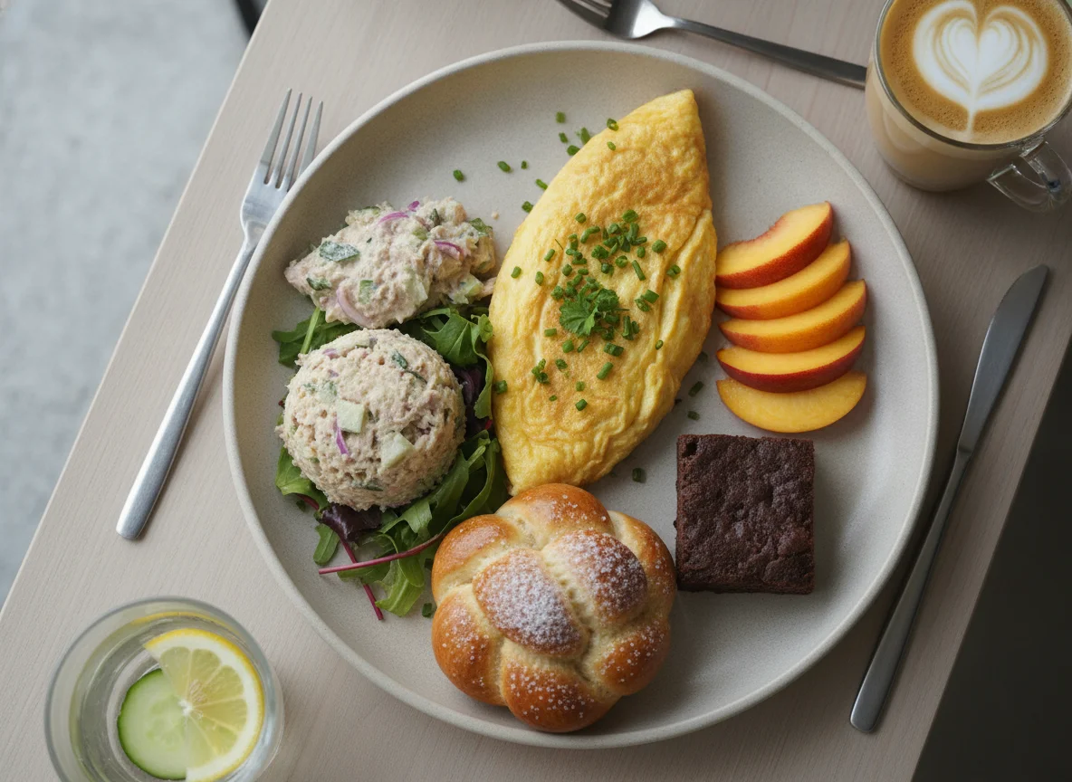 Omelette with peach, tuna salad, and pastry photo