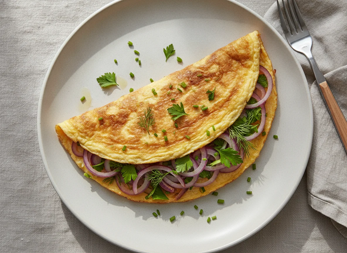 Omelette with red onion and herbs photo