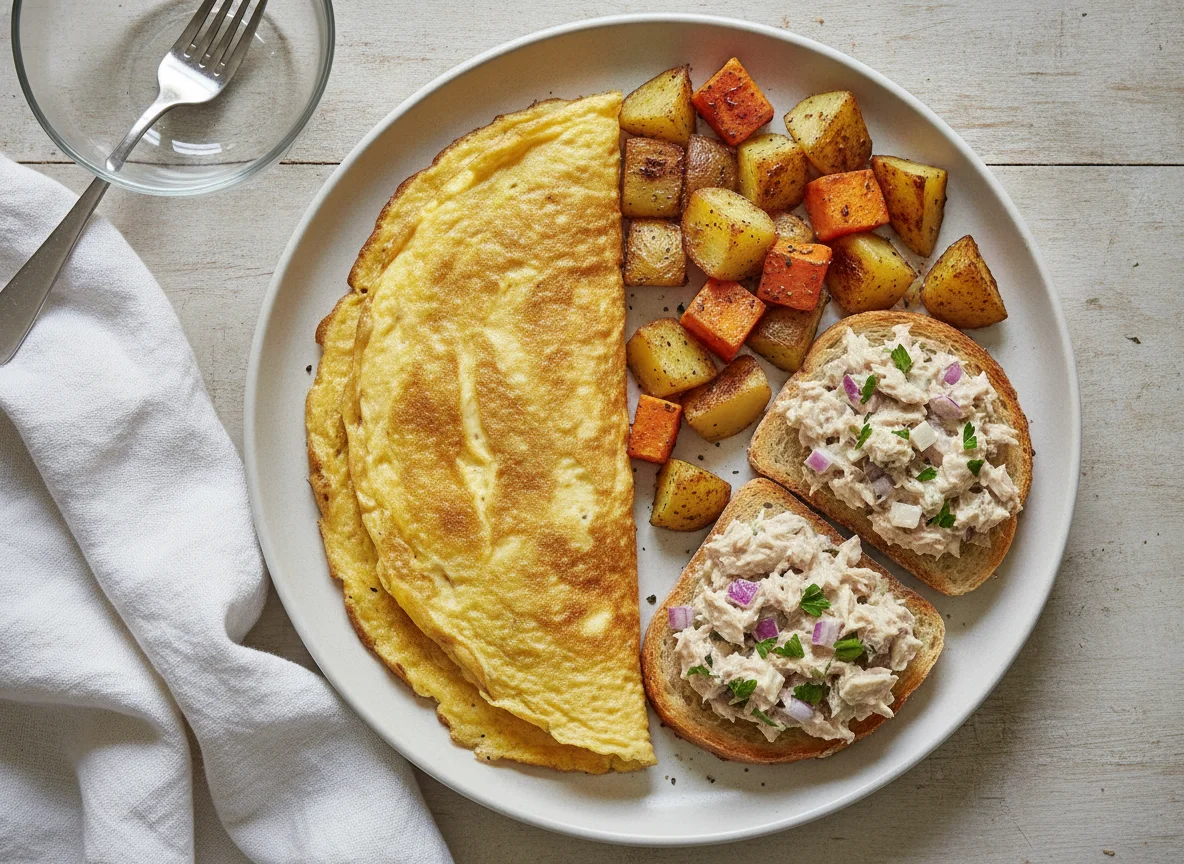 Omelette with roasted potatoes and tuna salad on toast photo
