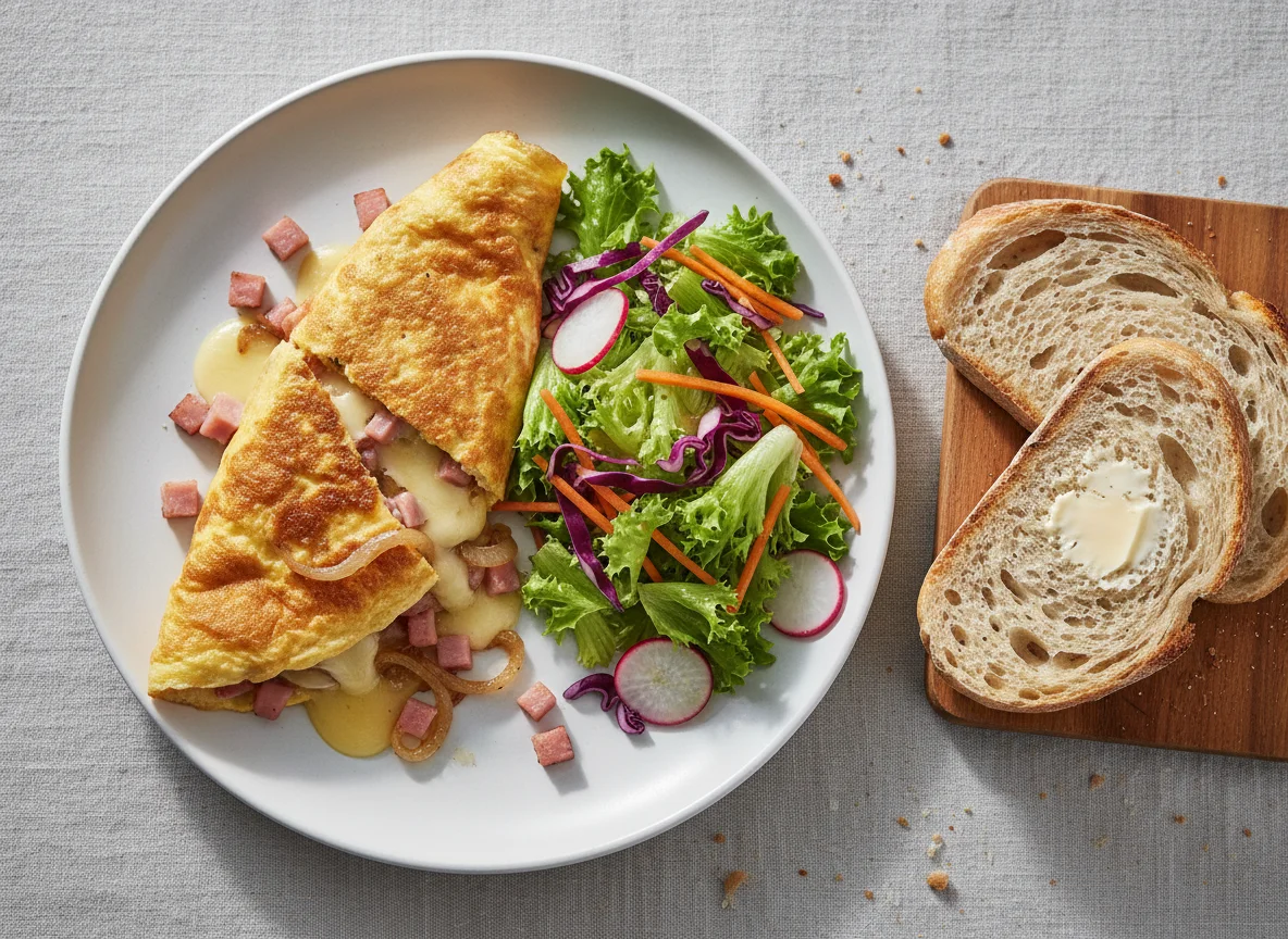 Omelette with Salad and Bread photo