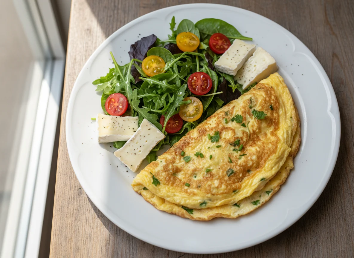 Omelette with Salad and Brie Cheese photo