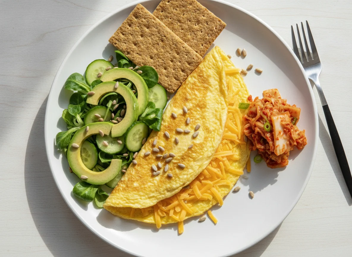 Omelette with salad, kimchi and crispbread photo