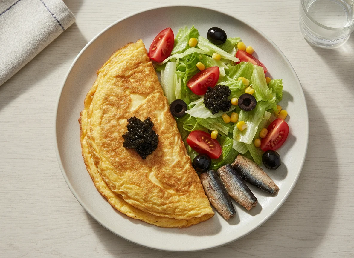 Omelette with salad, olives, and caviar photo