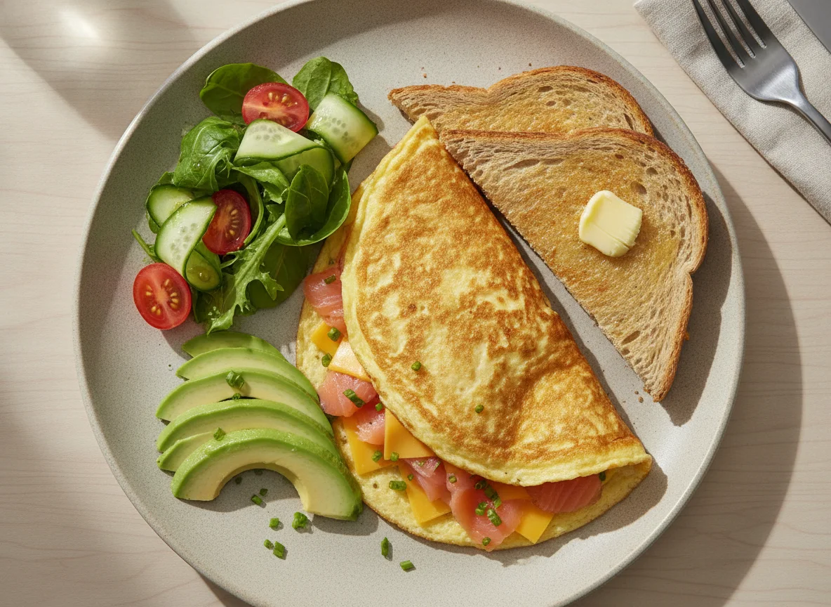Omelette with Smoked Salmon, Cheese, Avocado, Salad and Wholemeal Toast photo