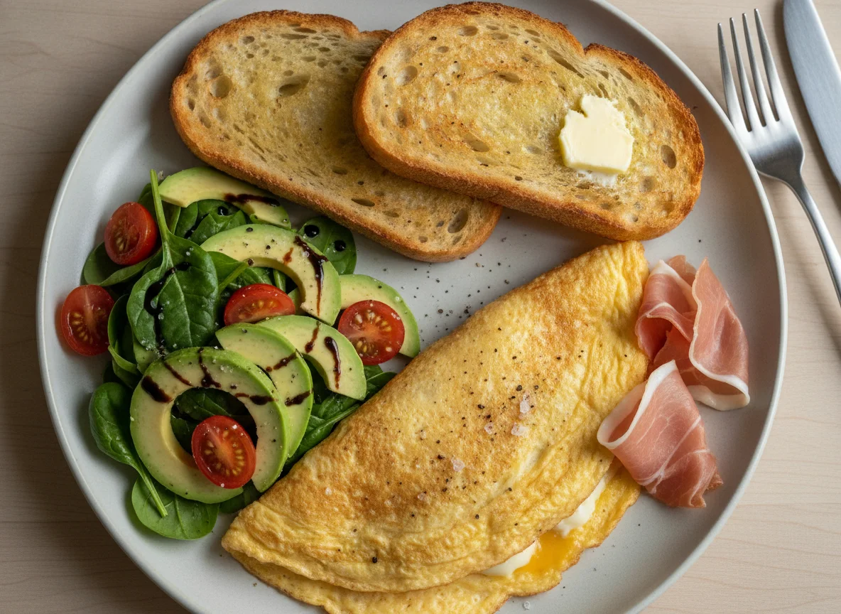 Omelette with Sourdough Toast and Avocado Salad photo