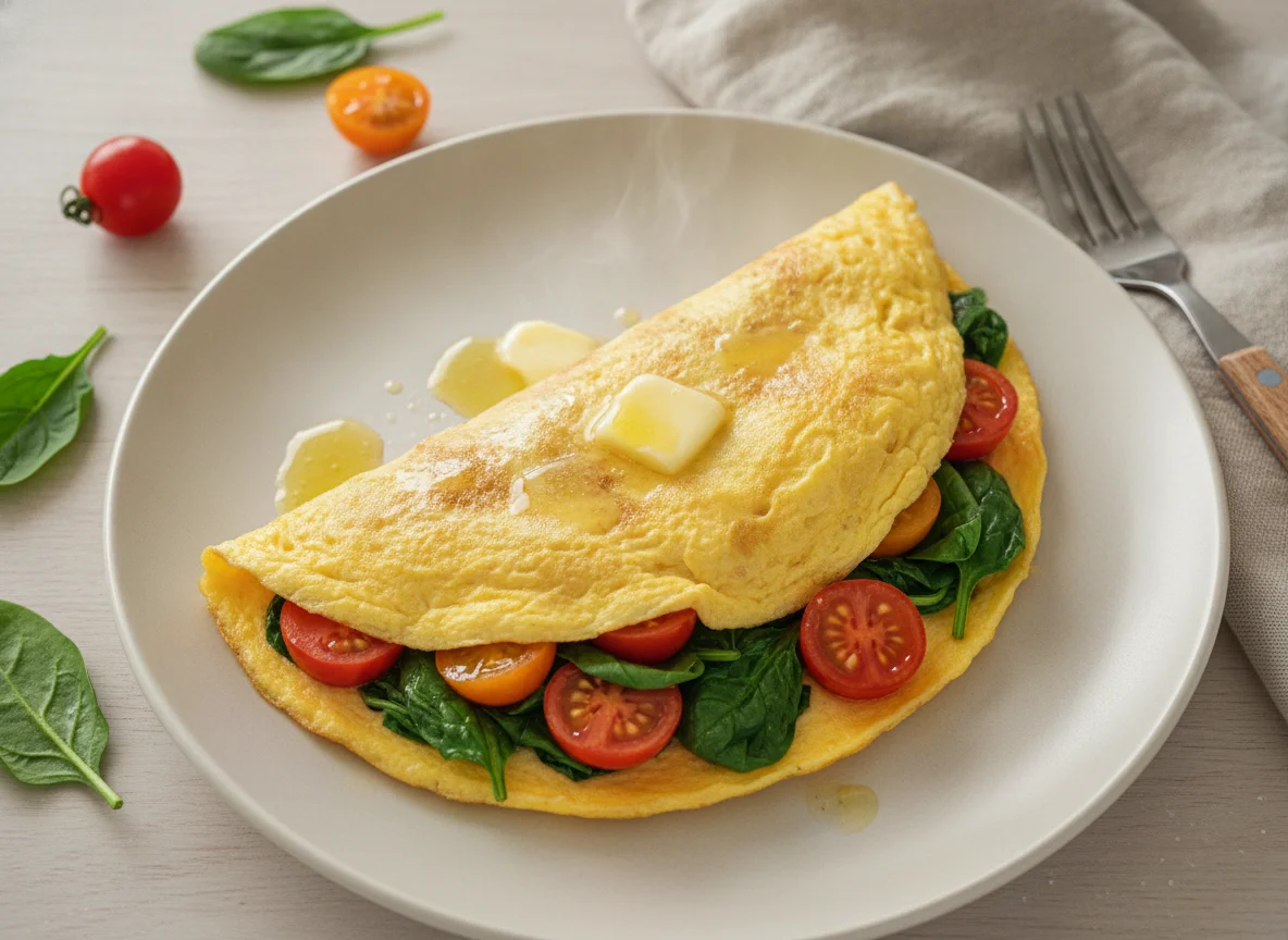 Omelette with spinach and cherry tomatoes photo