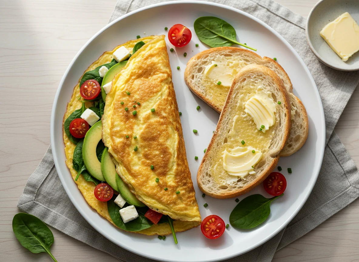 Omelette with Spinach, Avocado, Tomato, Cheese and Bread with Butter photo