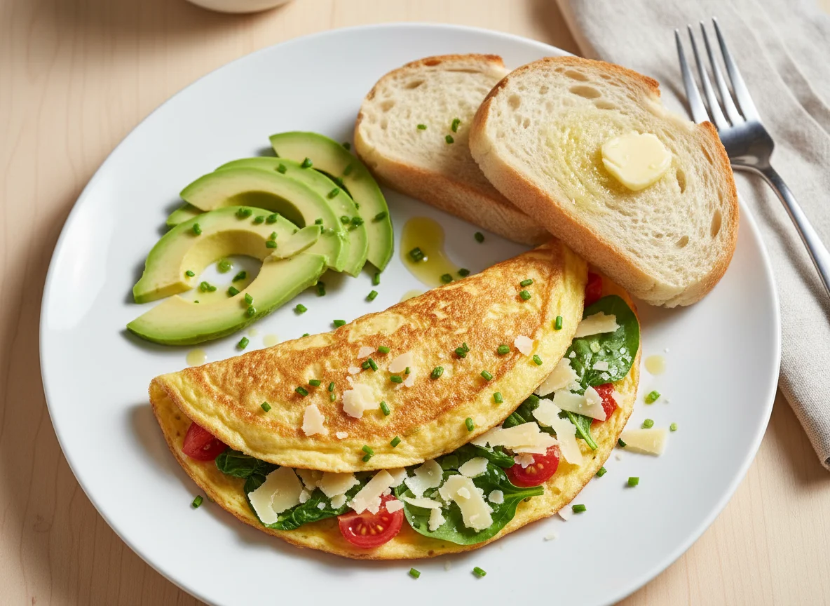 Omelette with Spinach, Avocado, Tomato, Cheese and Bread photo