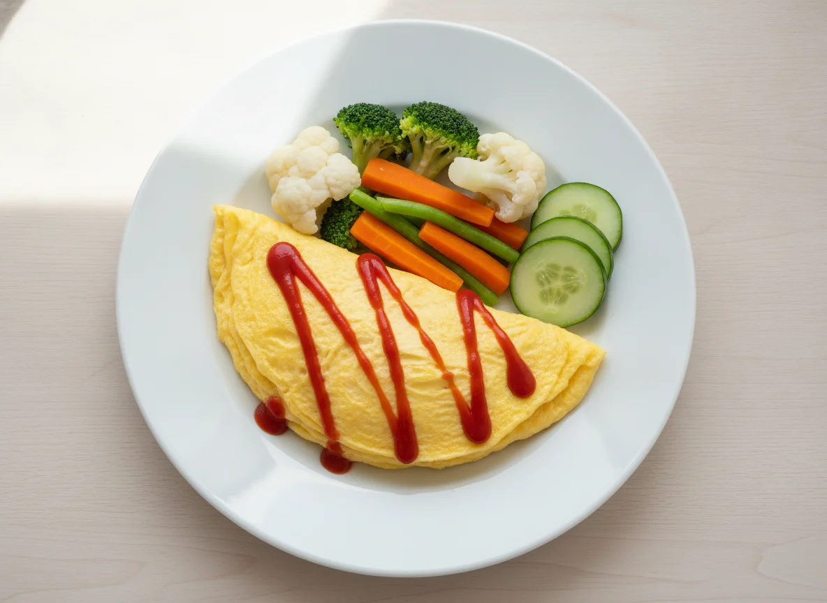 Omelette with steamed vegetables and ketchup photo
