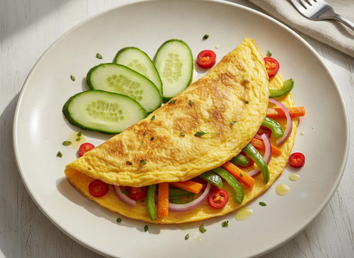 Omelette with stir-fried vegetables and cucumber photo