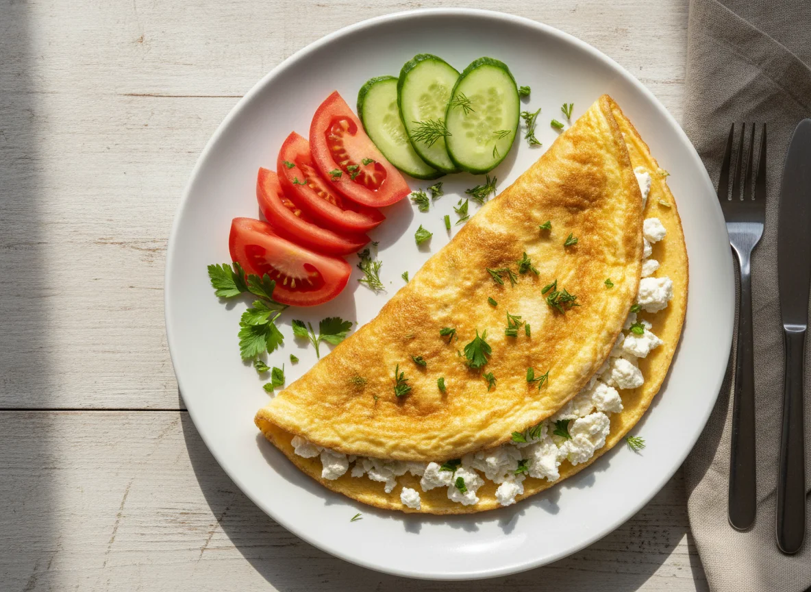 Omelette with Telemea cheese and fresh vegetables photo