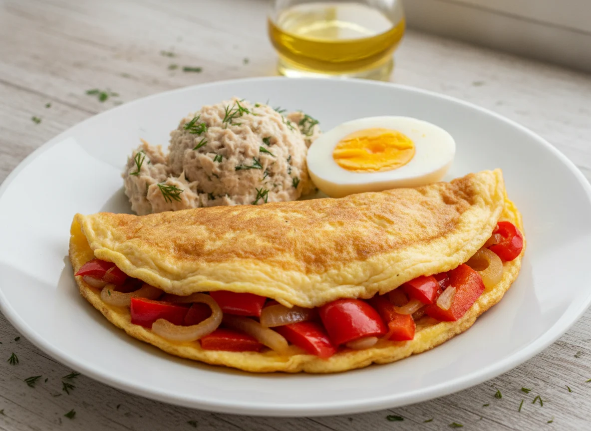 Omelette with Tuna Salad and Boiled Egg photo