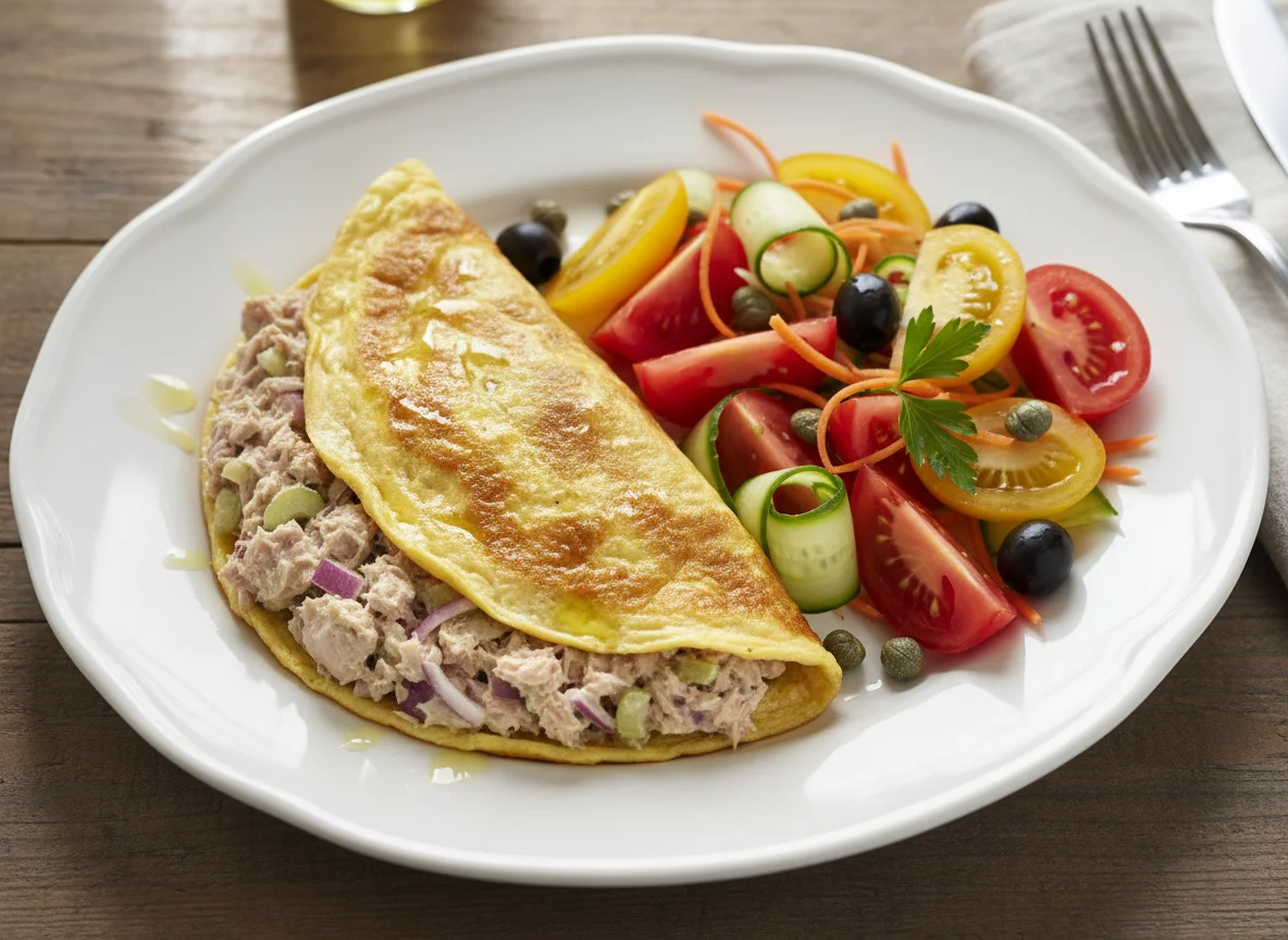 Omelette with Tuna Salad and Tomato Salad photo