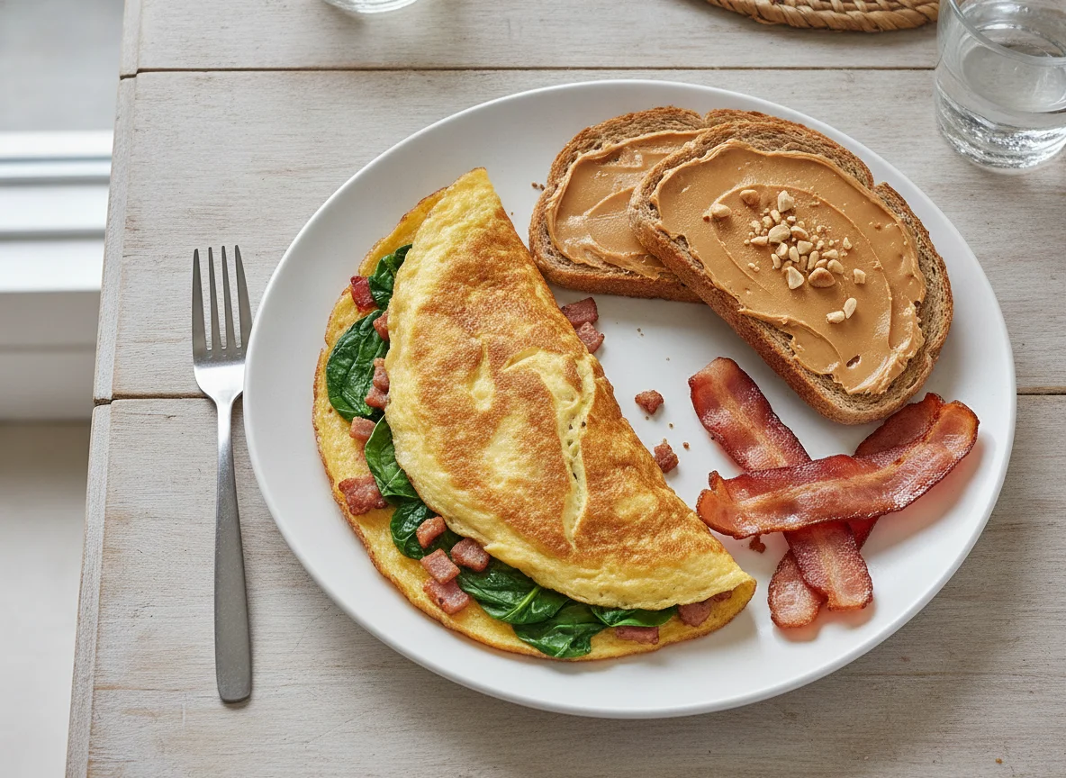 Omelette with Turkey Bacon and Peanut Butter Toast photo