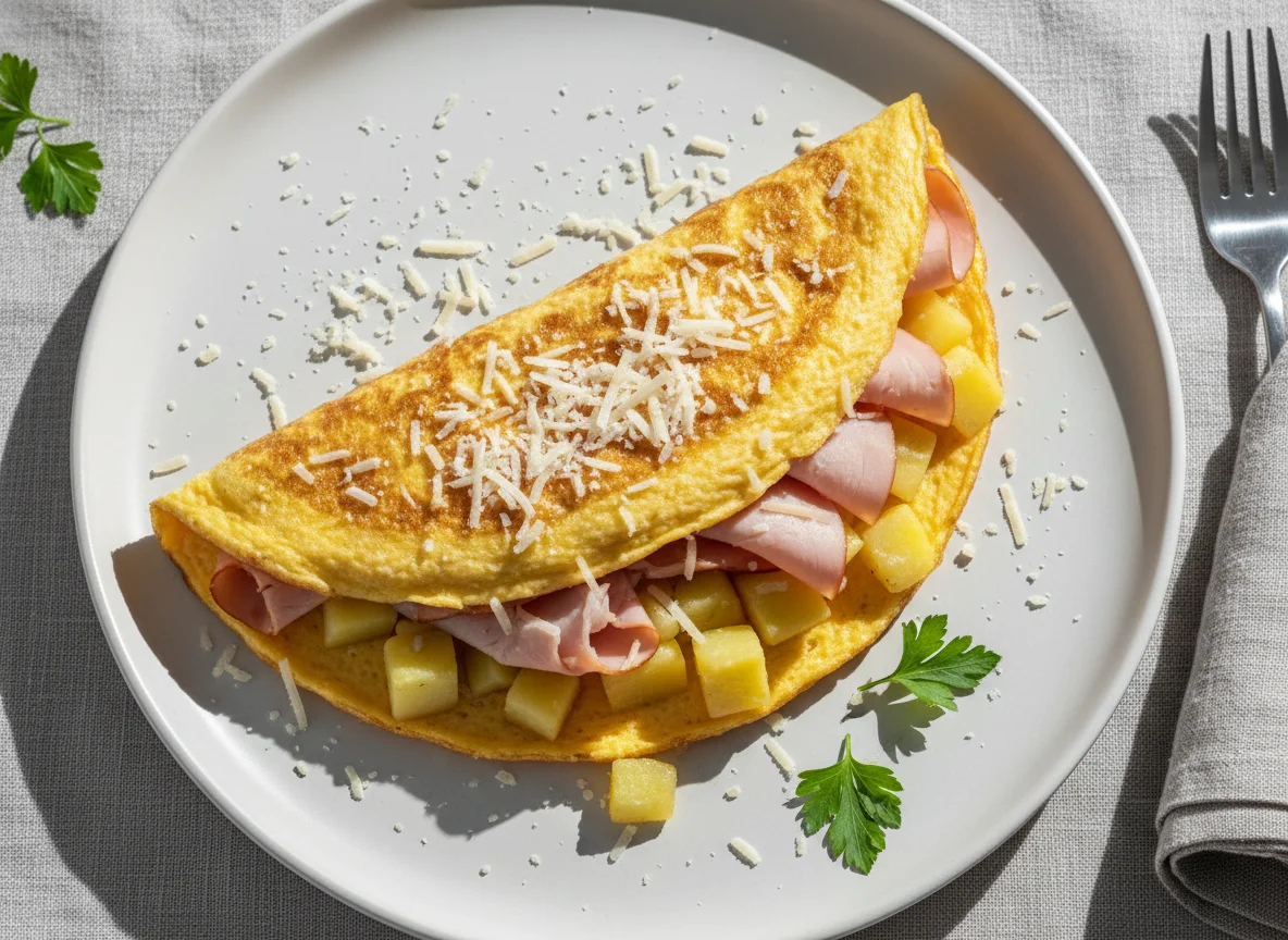Omelette with Turkey Ham, Boiled Potatoes, and Parmigiano Cheese photo