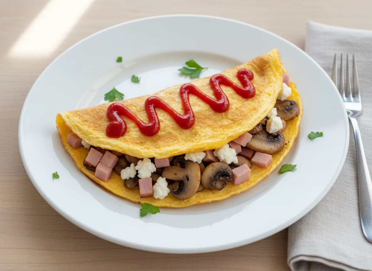 Omelette with Turkey Ham, Cheese, Mushrooms and Ketchup photo