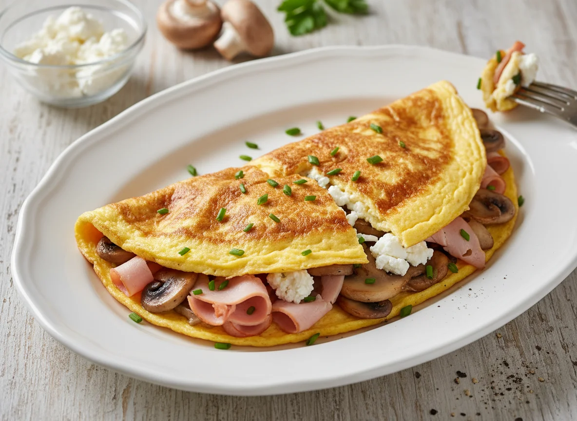 Omelette with Turkey Ham, Mushrooms, and Low-Fat White Salty Cheese photo