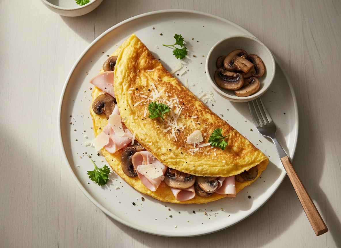 Omelette with Turkey Ham, Mushrooms, and Parmesan Cheese photo