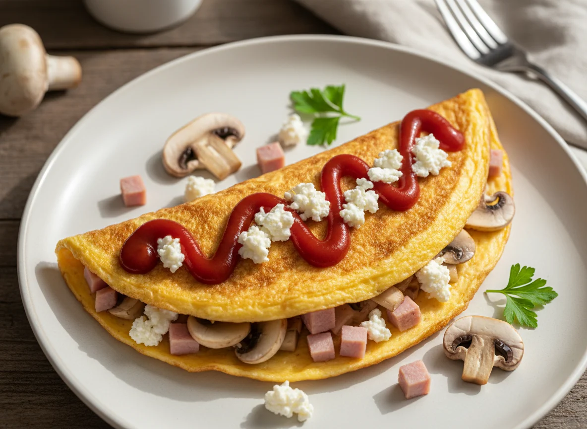 Omelette with Turkey Ham, Mushrooms, Ketchup, and Bryndza Cheese photo