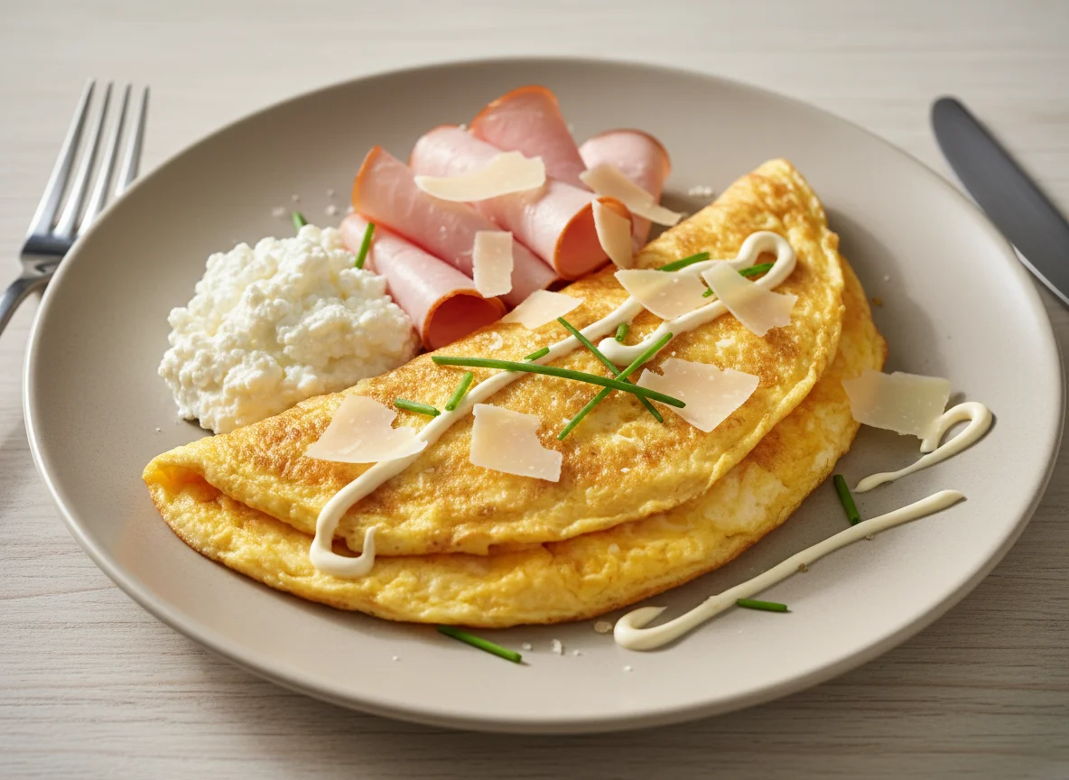 Omelette with Turkey Ham, Parmesan, Cottage Cheese and Mayonnaise photo
