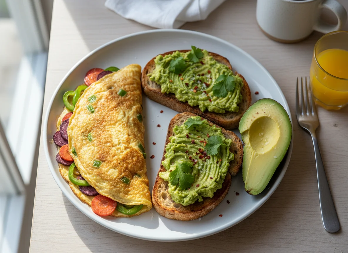 Omelette with Vegetables and Avocado Toast photo