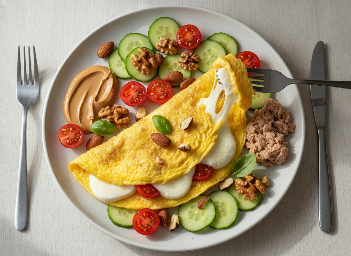 Omelette with vegetables, nuts and mozzarella photo