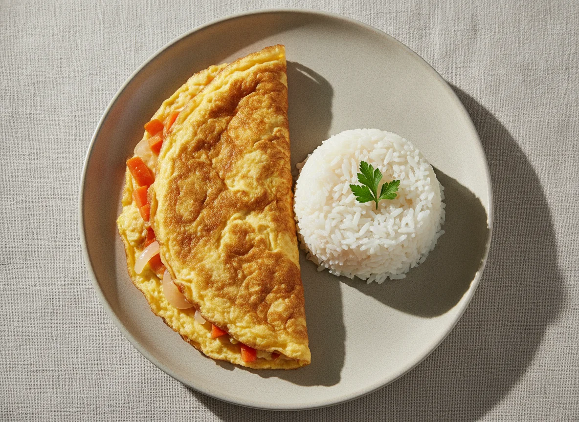 Omelette with white rice photo