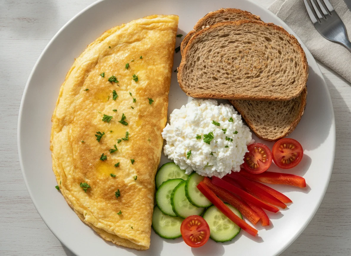 Omelette with whole grain bread, cottage cheese and fresh vegetables photo