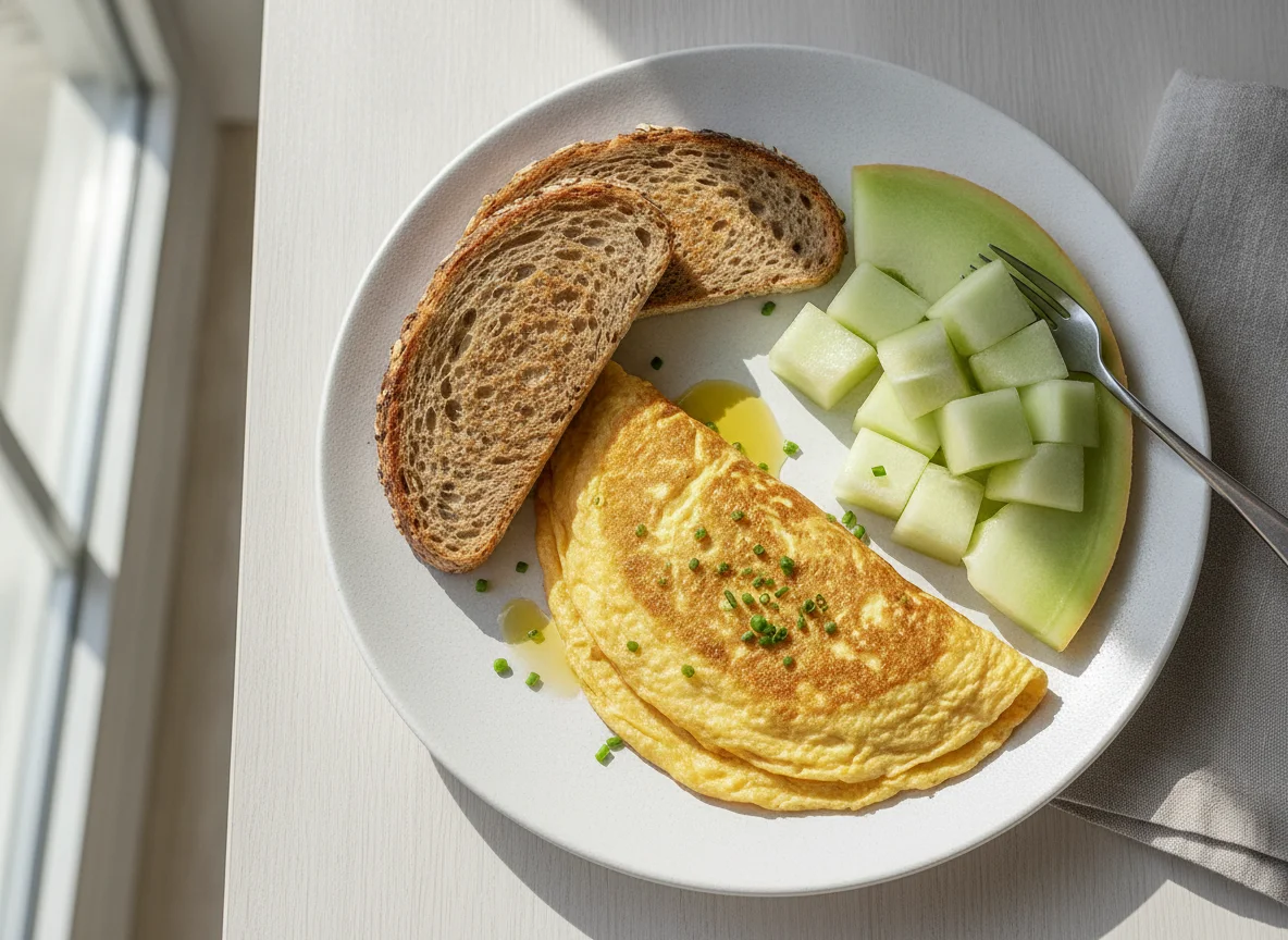 Omelette with Whole Grain Toast and Honeydew Melon photo