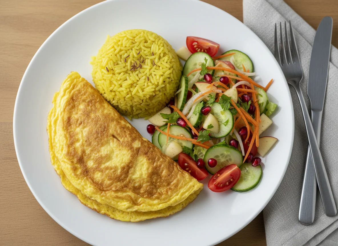 Omelette with Yellow Rice and Salad photo