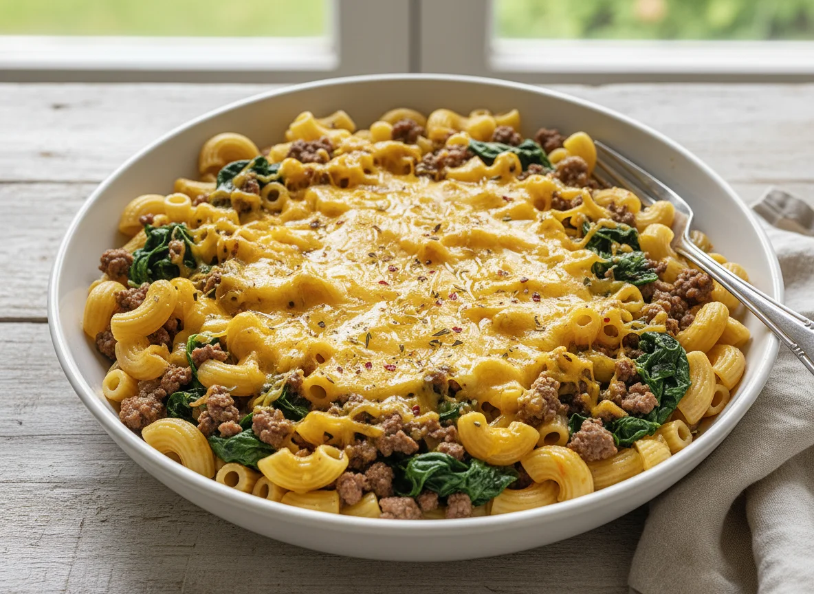 One-Pot Macaroni with Ground Meat and Spinach photo