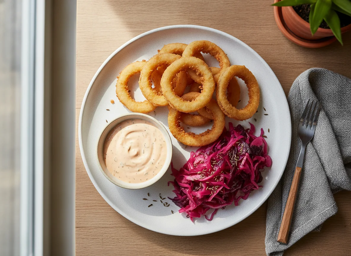 Onion Rings with Dipping Sauce and Red Cabbage photo
