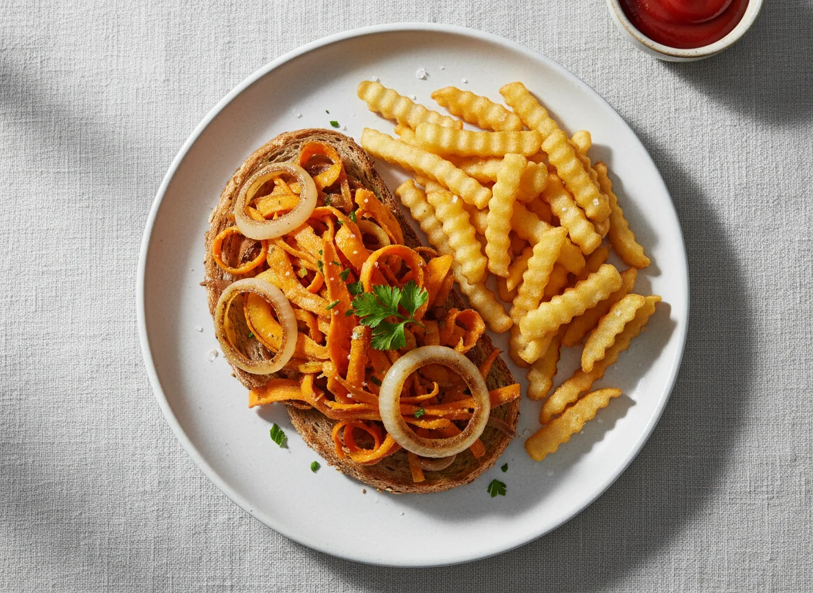 Open sandwich with fried vegetables and chips photo