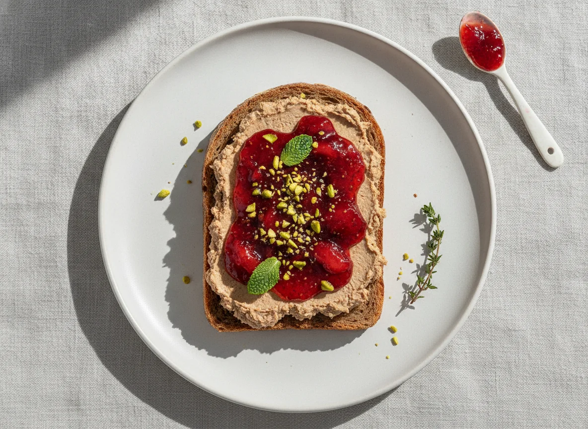 Open sandwich with pate and jam photo