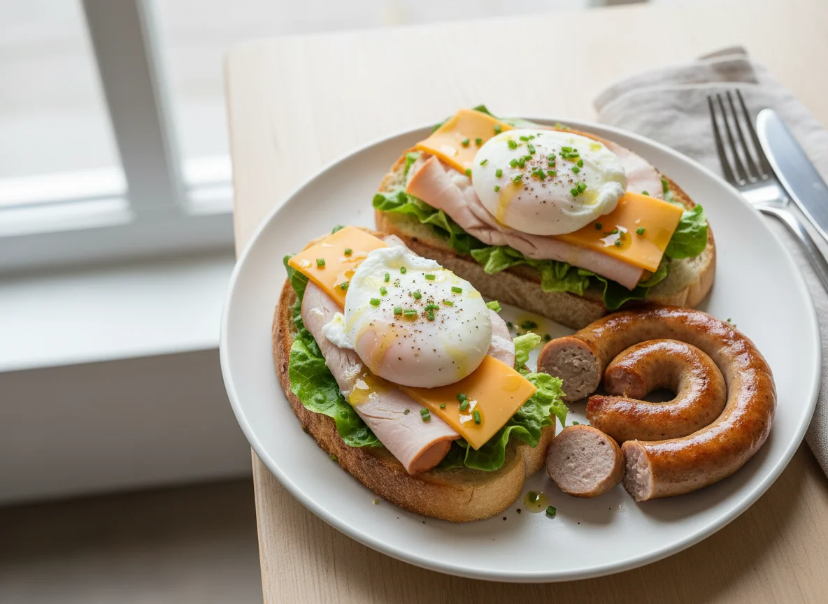 Open sandwich with poached egg and sausage photo
