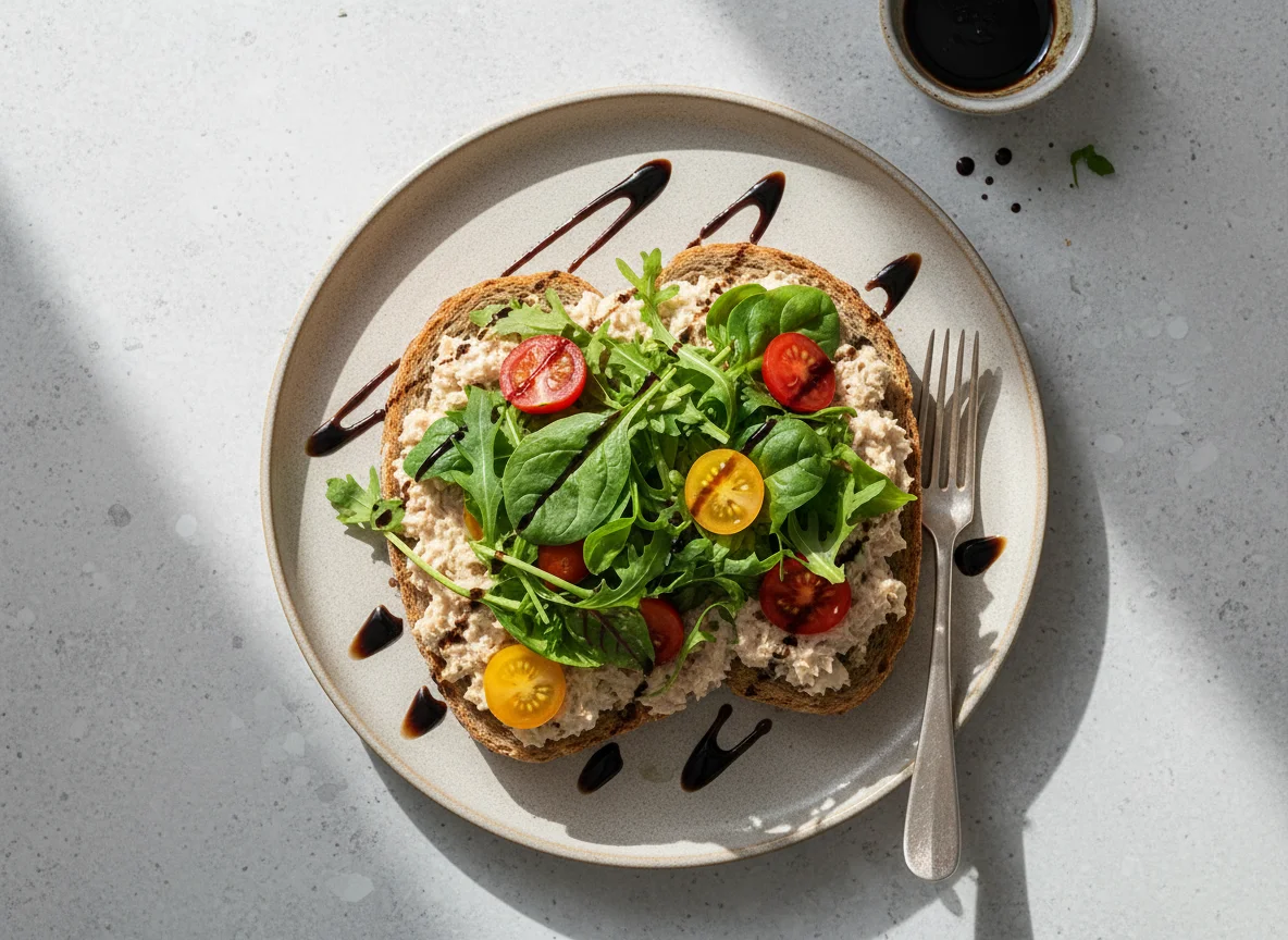 Open Sandwich with Tuna Salad and Mixed Greens photo