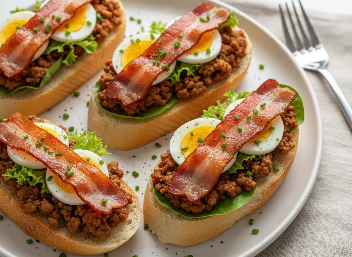 Open sandwiches with bacon and minced meat photo