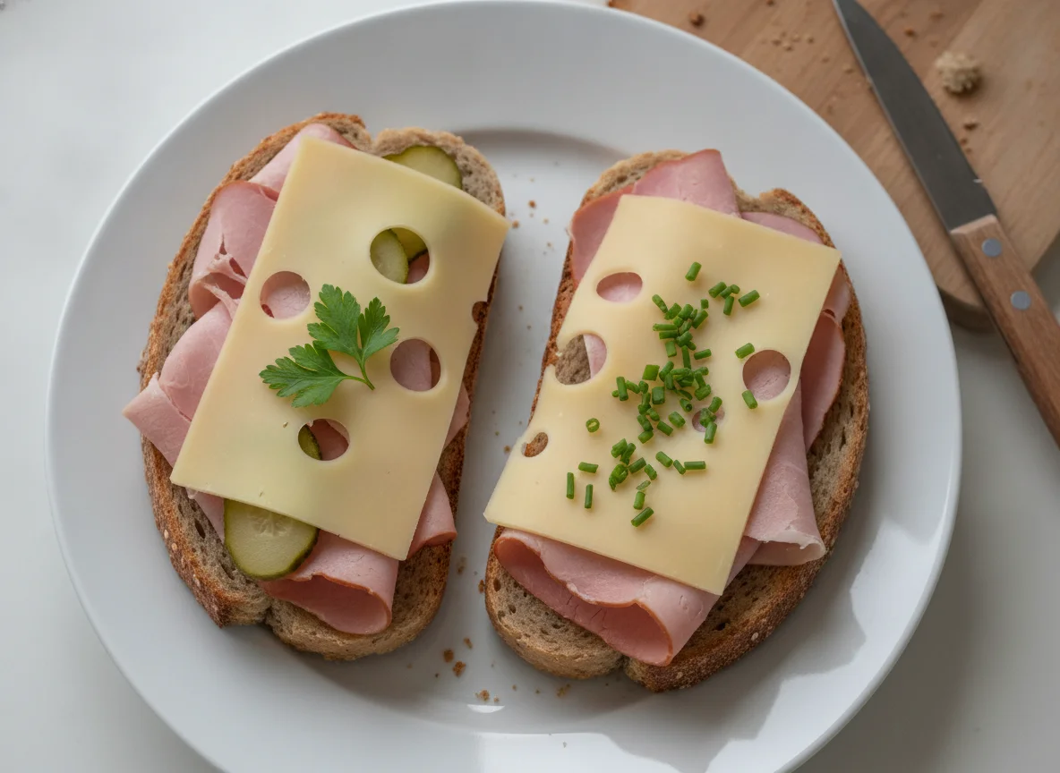 Open sandwiches with cheese and ham photo