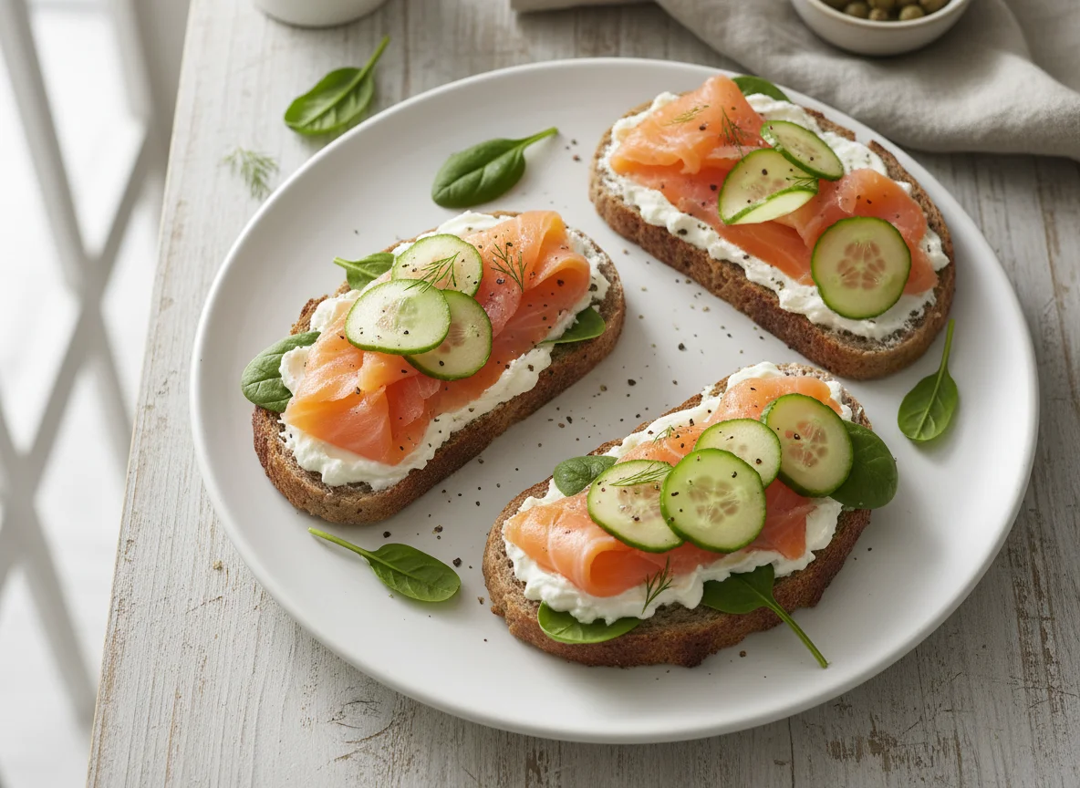 Open Sandwiches with Cream Cheese, Smoked Salmon, Cucumber and Spinach photo