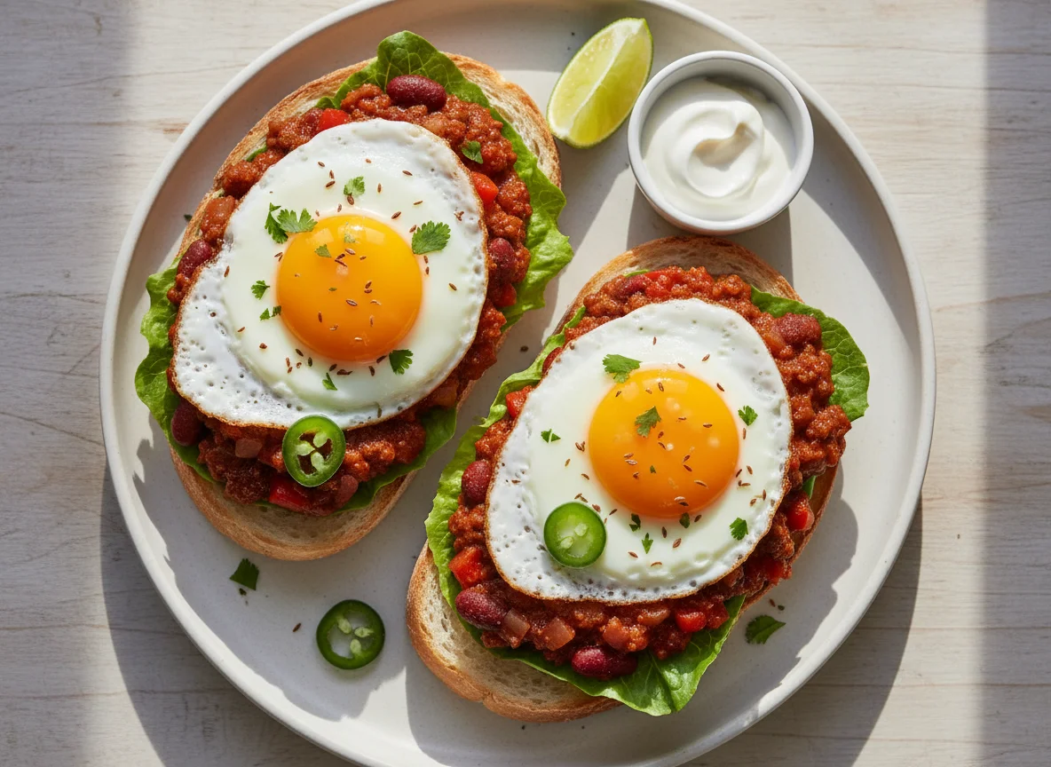 Open sandwiches with egg and chili con carne photo